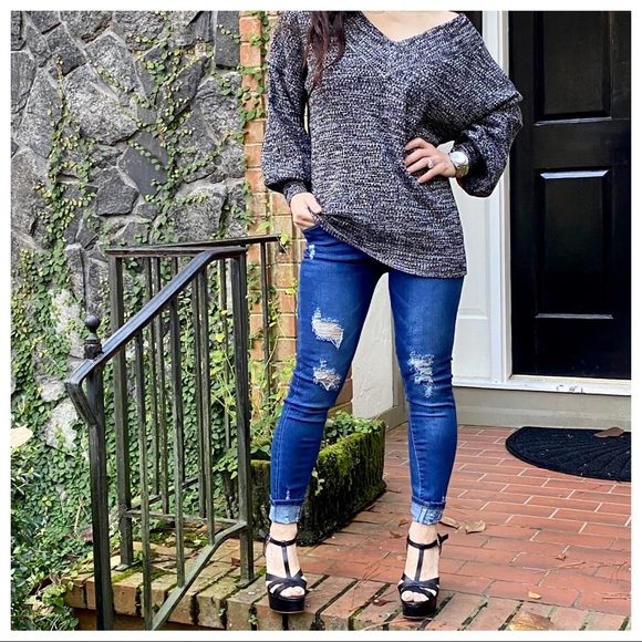 Peppered V balloon sleeves knit V sweater - Picture 8 of 9